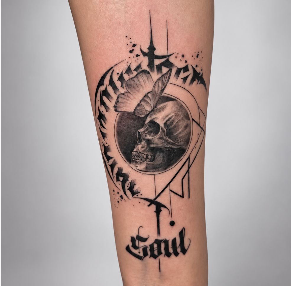 Surrealist skull tattoo in black and grey by Ink Brothers Tattoo Studio in Cusco