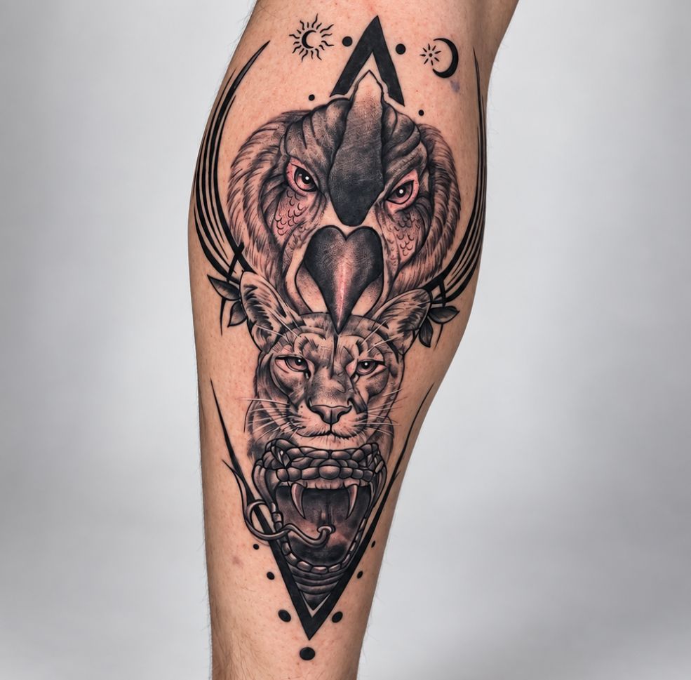 Blackwork bird and tiger tattoo by Ink Brothers Tattoo Studio in Cusco