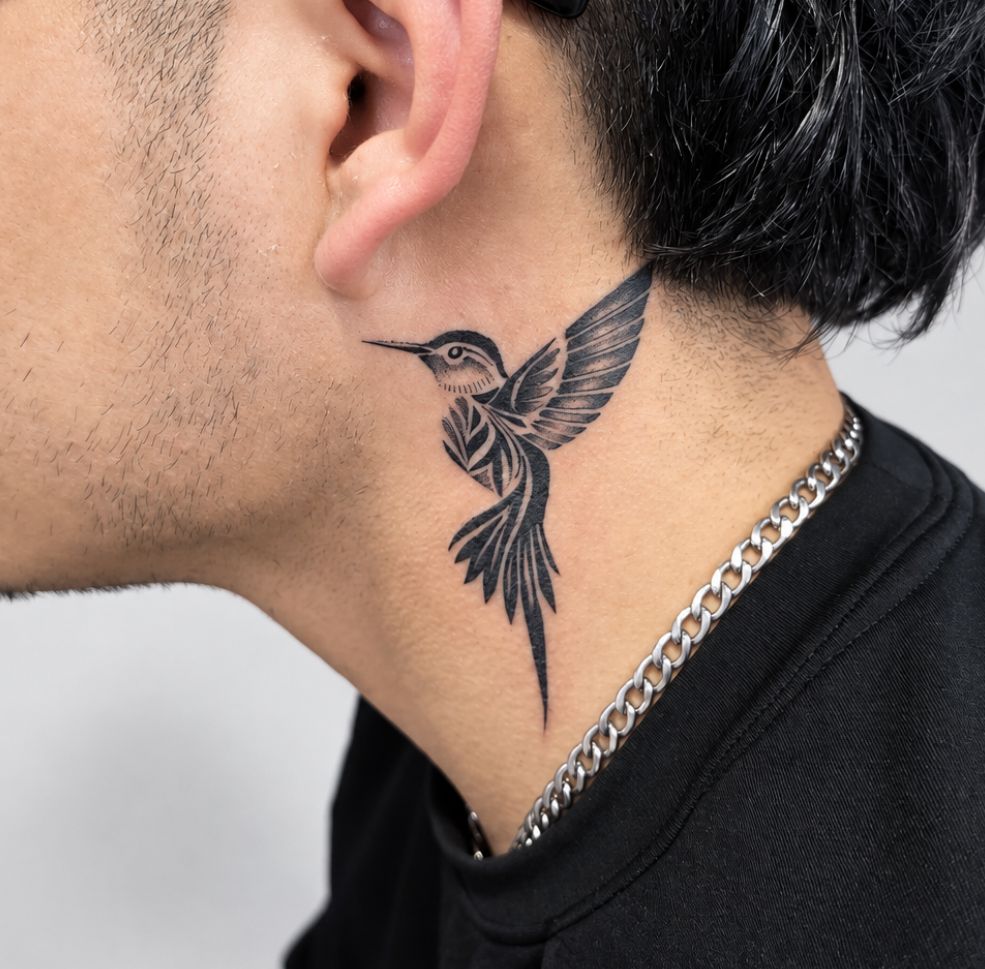 Dotwork bird neck tattoo by Ink Brothers Tattoo Studio in Cusco