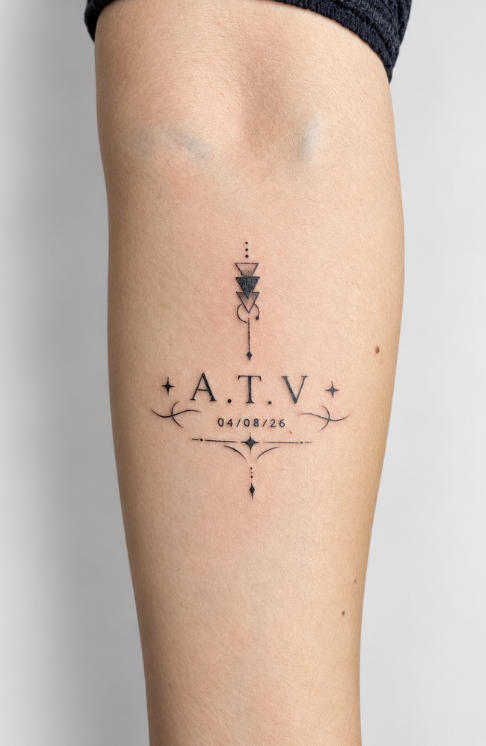Tatuaje fine line minimalista con lettering A.T.V. y elementos geométricos realizado por Ink Brothers Tattoo Studio en Cusco
