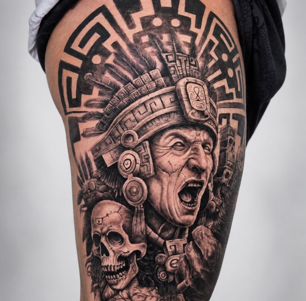 Realistic Aztec warrior tattoo by Ink Brothers Tattoo Studio in Cusco