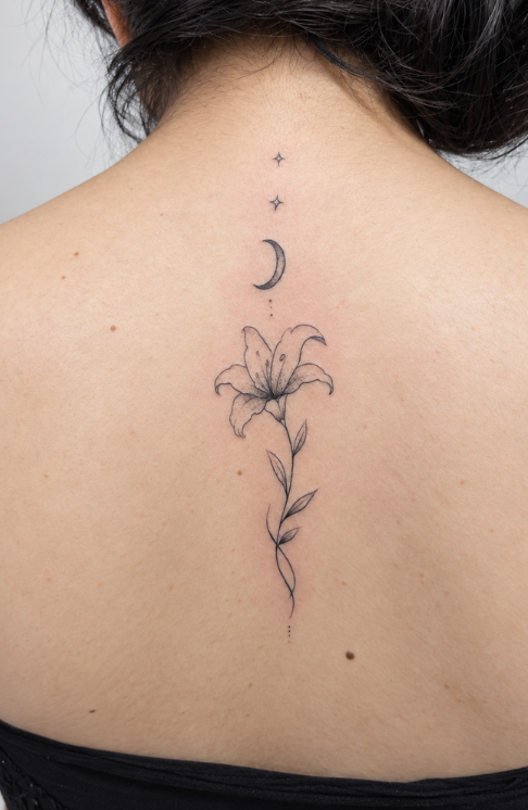 Tatuaje fine line floral minimalista en espalda con lunas realizado por Ink Brothers Tattoo Studio en Cusco